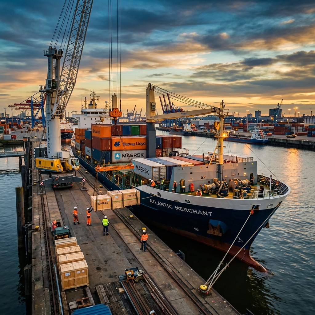 Cargo ship at port jetty with crane loading marine supplies at dusk — Maritime Manali ship chandling operations